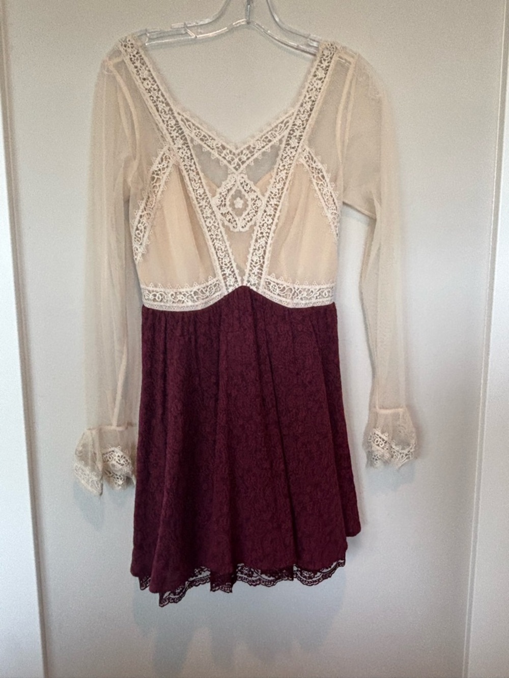 Free People Vntg. Lace Bodice Long Sleeve Dress in Cream and Burgundy